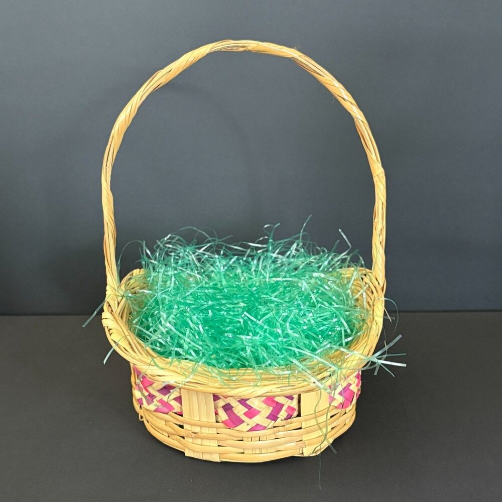 Easter Basket Woven Bamboo Wicker Vintage Pink Purple Egg Hunt Bunny Decorations - Picture 4 of 6